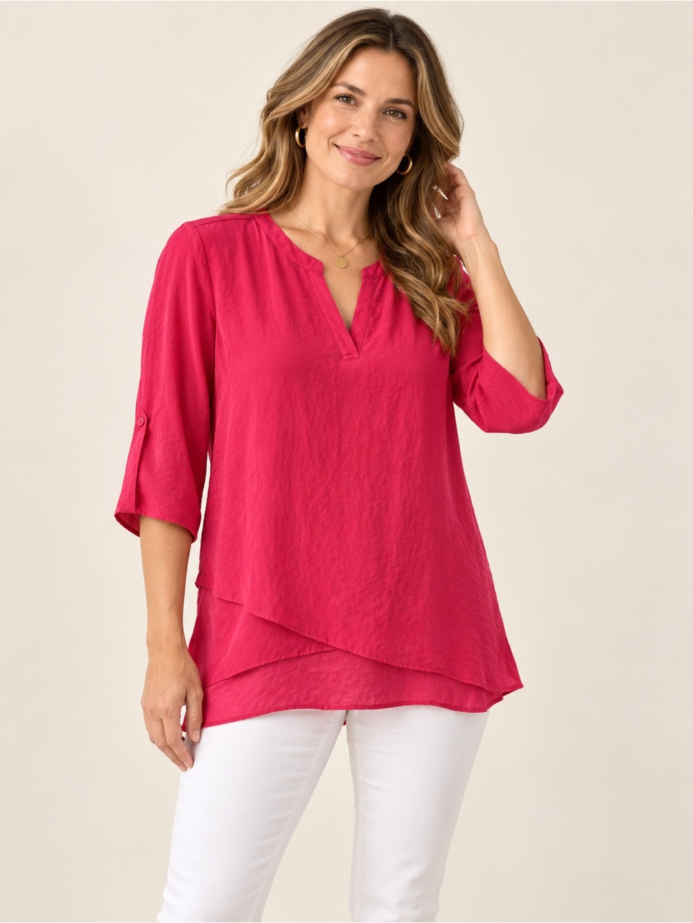 Chico’s Women’s Size 0 Pink Layered Asymmetrical Hem Tunic Blouse 3/4 Sleeve